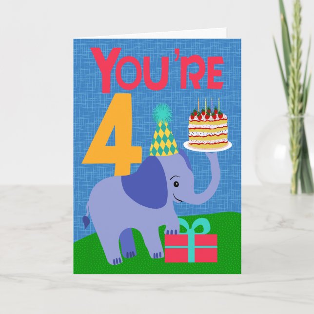 Carte 4ème anniversaire avec éléphant et gâteau (Devant)