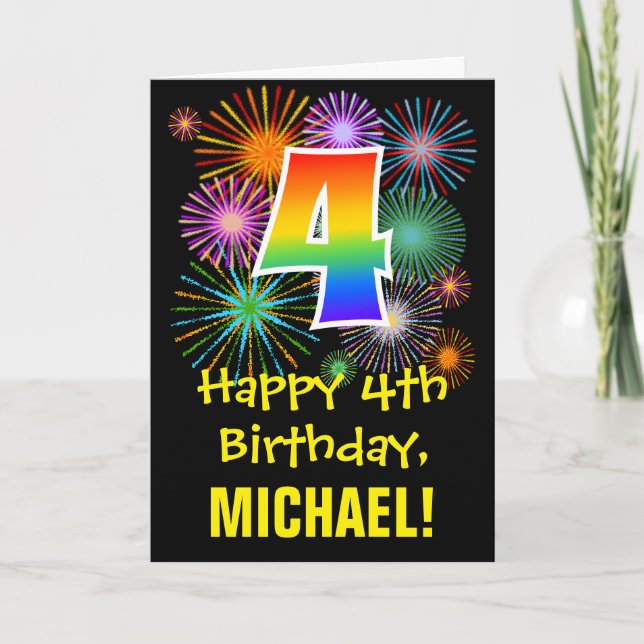 Carte 4ème anniversaire : Fun Motif Fireworks + Rainbow  (Devant)