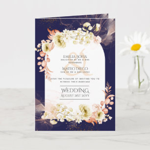 Carte 4pg Marine Coral bleu Coral Floral Wedding Invitat