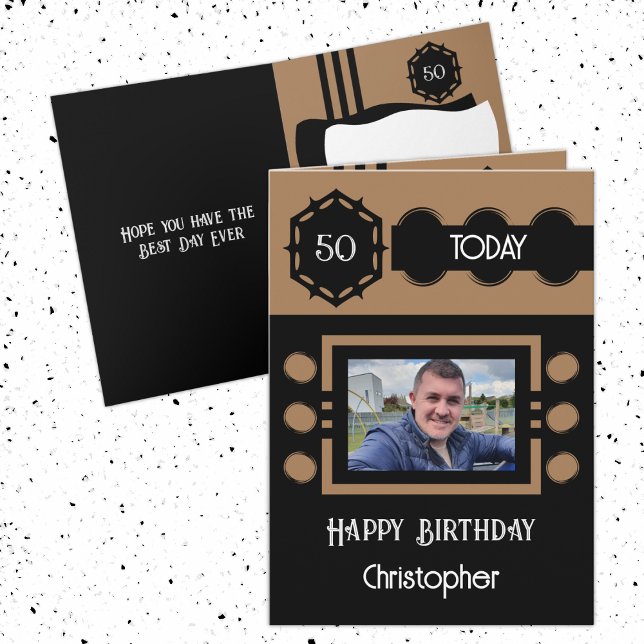 Carte 50 aujourd'hui ajouter nom photo noir marron anniv (Créateur téléchargé)