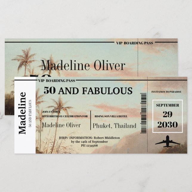 Carte 50 et Fabulous Boarding Pass Anniversaire tropical (Devant / Derrière)