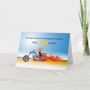 Carte 50e anniversaire avec une moto flamboyante