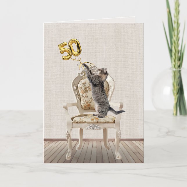 Carte 50e anniversaire Ballons et Tabby Cat (Devant)