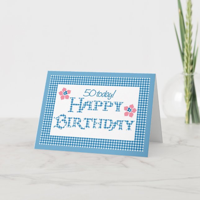 Carte 50e anniversaire, Blue Check Gingham Pattern (Devant)