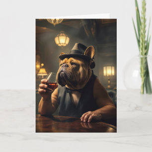 Carte 50e anniversaire Bulldog tenant un verre
