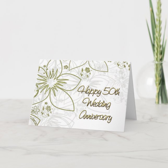 Carte 50e anniversaire de mariage Or Fleurs et Tourbillo (Devant)