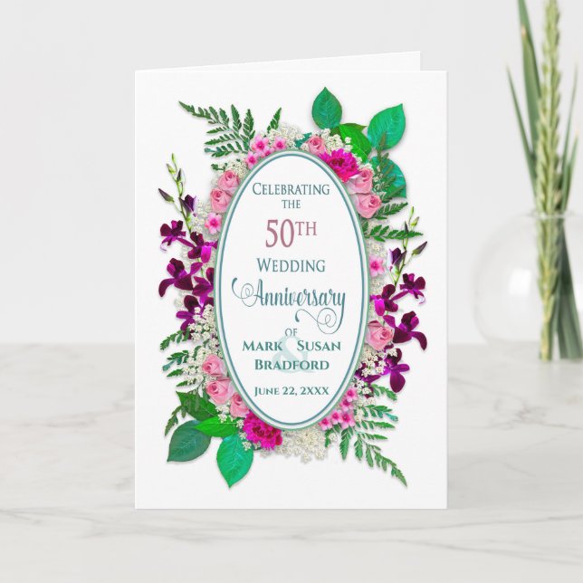 Carte 50e anniversaire de mariage, ovale, fleurs de chal (Devant)