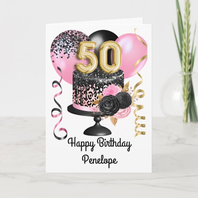 Carte 50e anniversaire de rose et d'or noir (Devant)