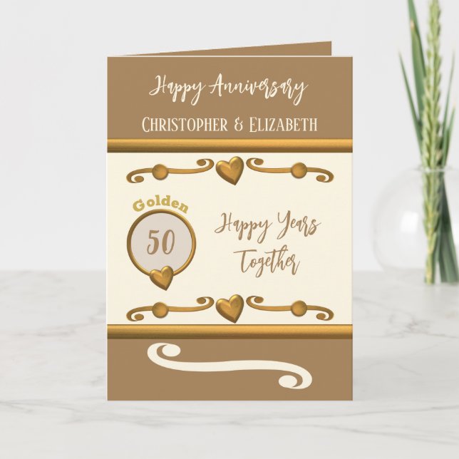 Carte 50e Anniversaire d'or ajouter des noms brun (Devant)