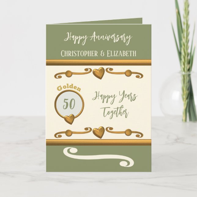 Carte 50e Anniversaire d'or ajouter des noms moss vert (Devant)