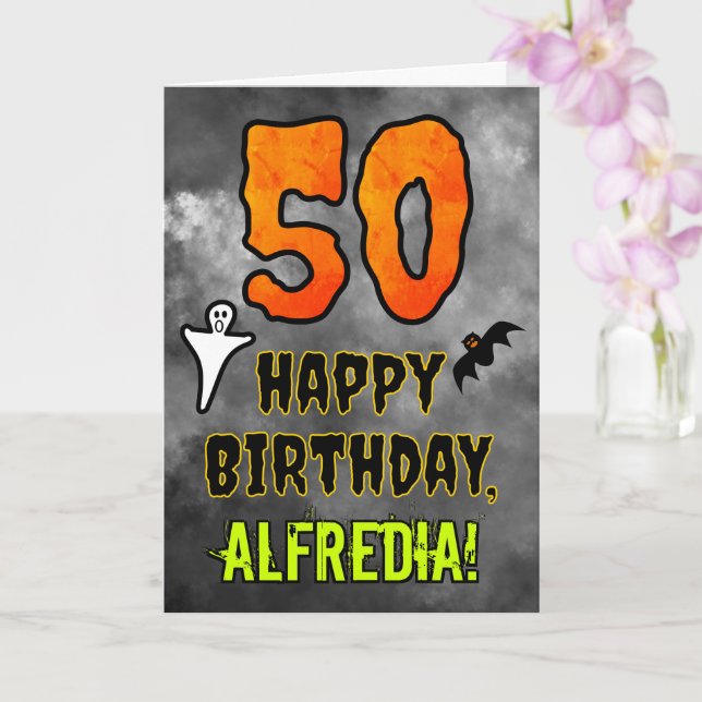 Carte 50e anniversaire : Eerie Halloween Thème + Nom per (Orchidée)