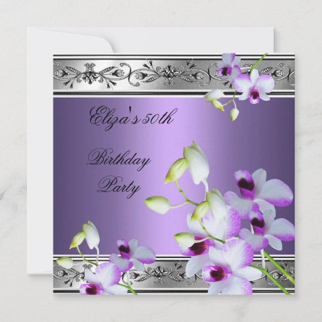 Carte 50e Anniversaire Élégant Gris Argenté Lilas Floral (Devant)