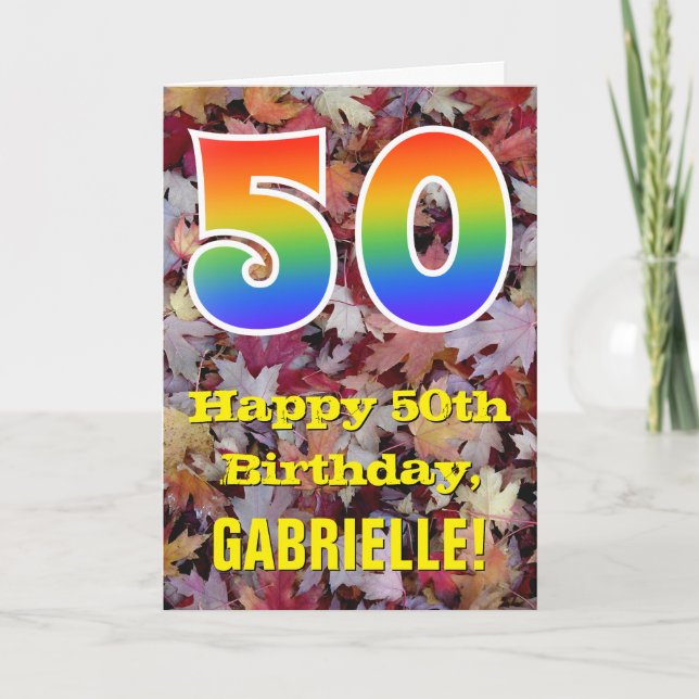 Carte 50e anniversaire; feuilles d'automne rustiques; ar (Devant)