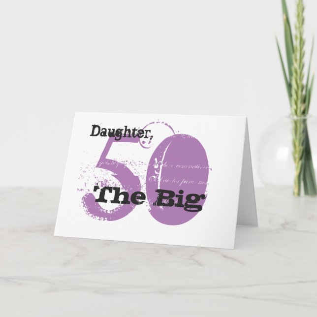 Carte 50e anniversaire fille, texte noir & mauve, blanc. (Devant)