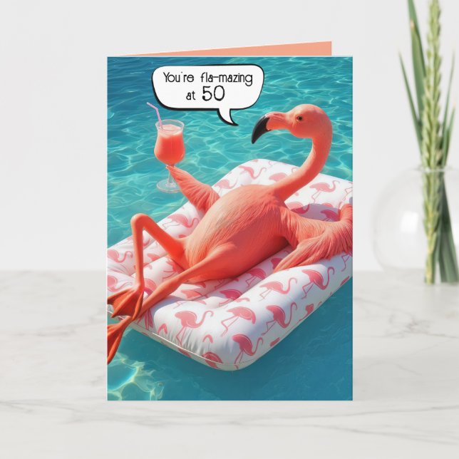 Carte 50e anniversaire Flamant rose flottant dans une pi (Devant)