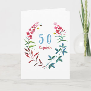 Carte 50e anniversaire Floral Aquarelle Rouge Bleu fleur