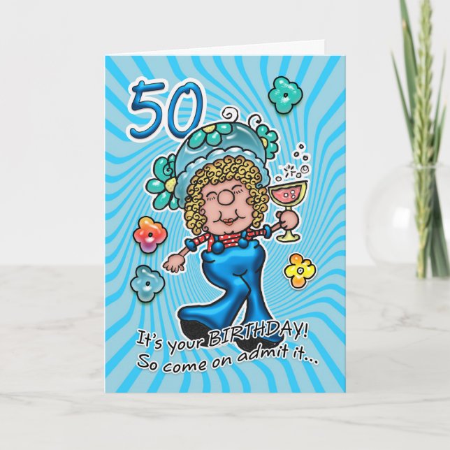 Carte 50e Anniversaire - Fun Lady Avec Verre De Vi (Devant)