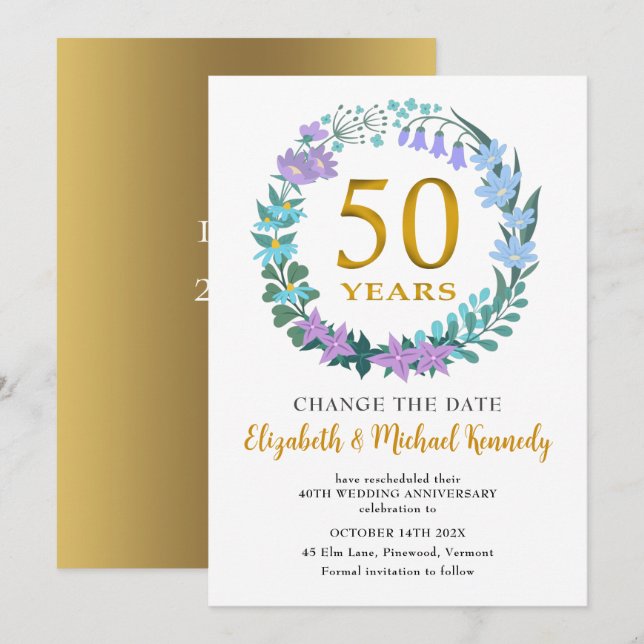 Carte 50e anniversaire Golden Floral Changez la date (Devant / Derrière)