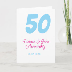 Carte 50e anniversaire gras bleu rose nom date élégant 