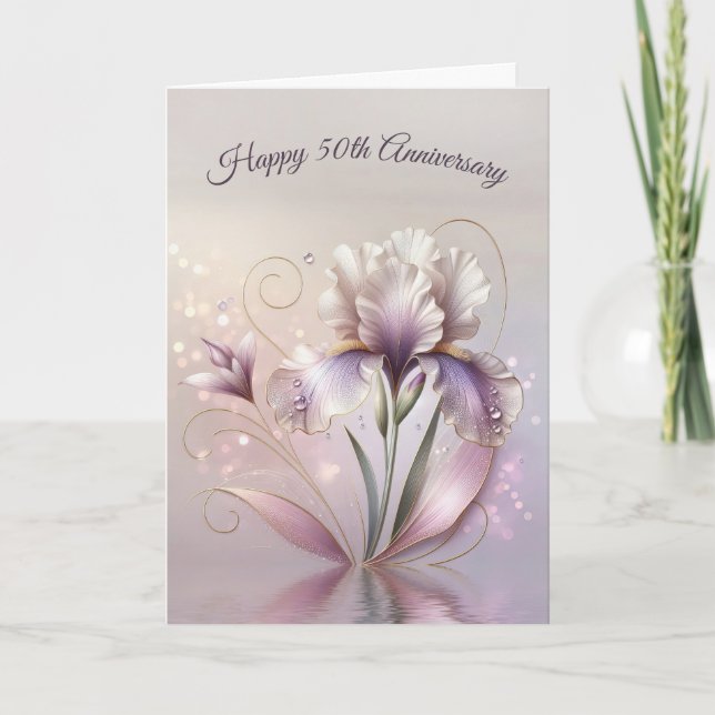 Carte 50e Anniversaire Iris Fleur Avec Etching Or (Devant)