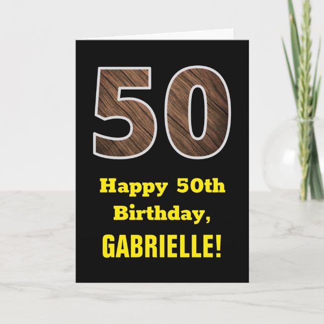 Carte 50e anniversaire : Nom, Motif Faux Wood Grain "50" (Devant)