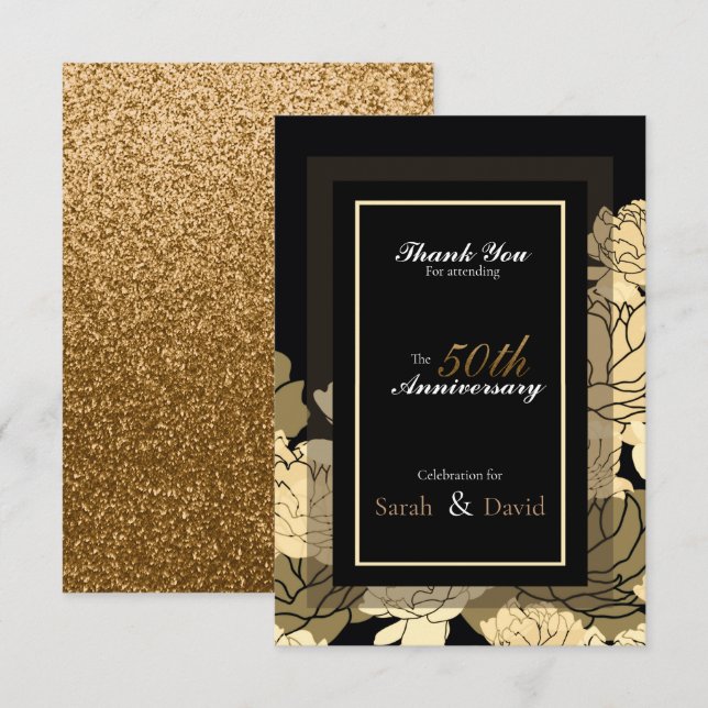 Carte 50e anniversaire or, jaune & bronze rose merci (Devant / Derrière)