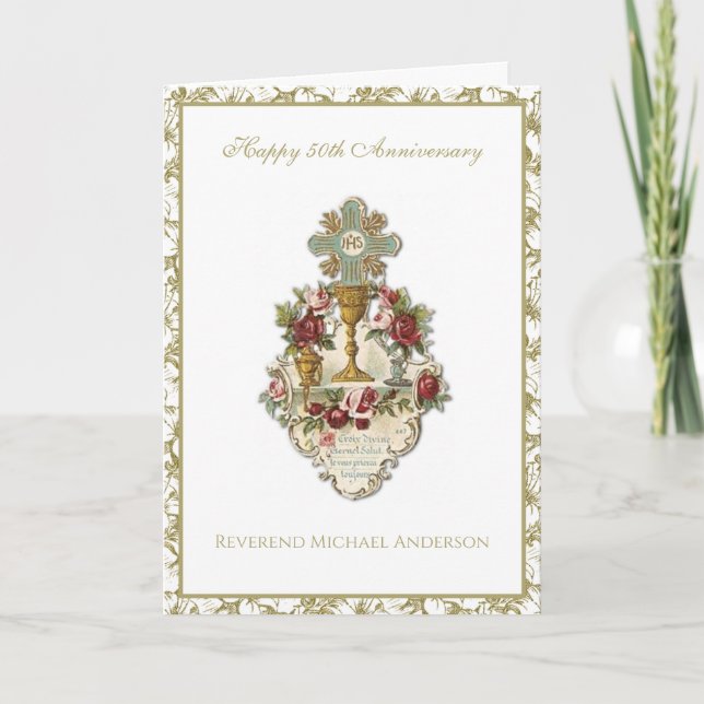 Carte 50e Anniversaire Prêtre Élégant Chalice Floral (Devant)
