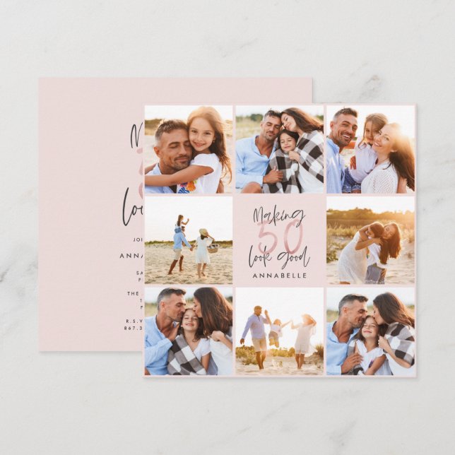 Carte 50e anniversaire rose girly parties scintillant ph (Devant / Derrière)
