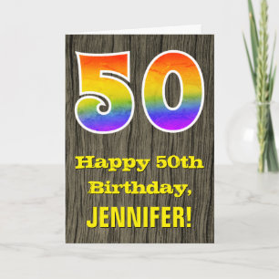 Carte 50e anniversaire : Rustic Faux Wood Look, Rainbow 