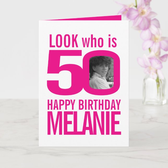 Carte 50e Joyeux anniversaire 2 photos blanc rose (Orchidée)