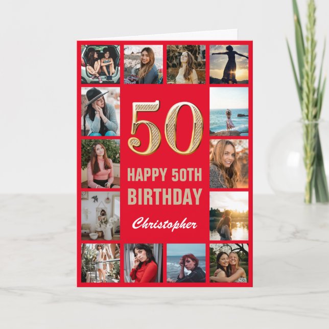 Carte 50e Joyeux Anniversaire Collage photo rouge et or (Devant)
