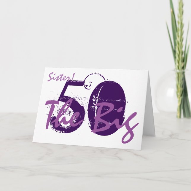 Carte 50ème anniversaire pour soeur, texte violet sur bl (Devant)