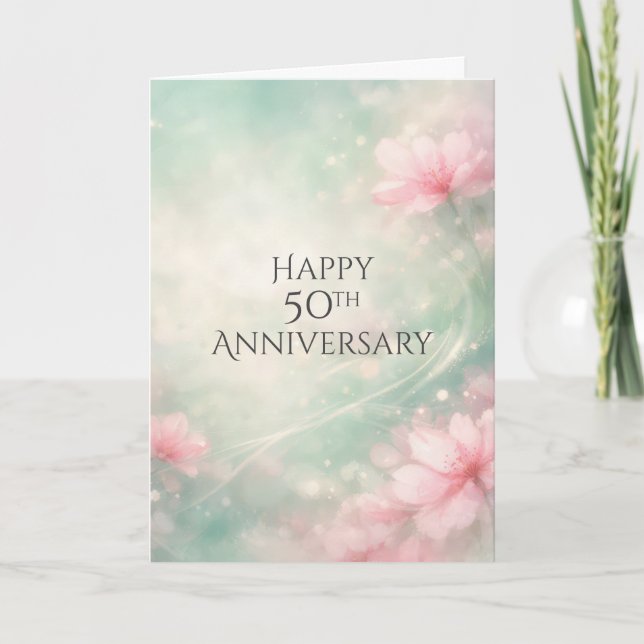 Carte 50th Anniversary Dreamy Flowers On Mint Green  (Devant)