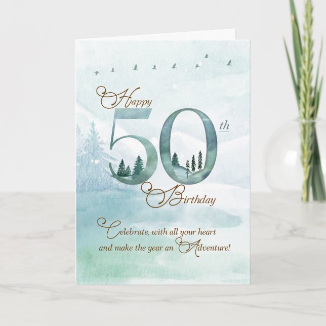 Carte 50th Birthday Evergreen Pines and Deer Nature (Devant)