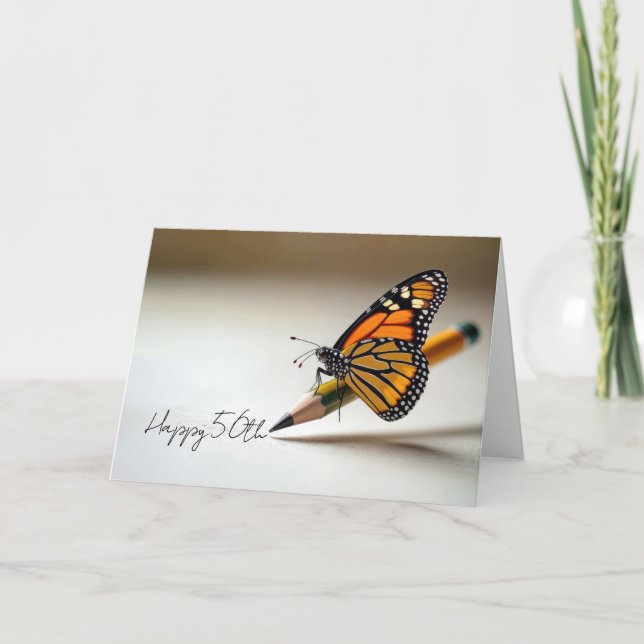 Carte 50th Birthday Monarch Butterfly On a Pencil (Devant)