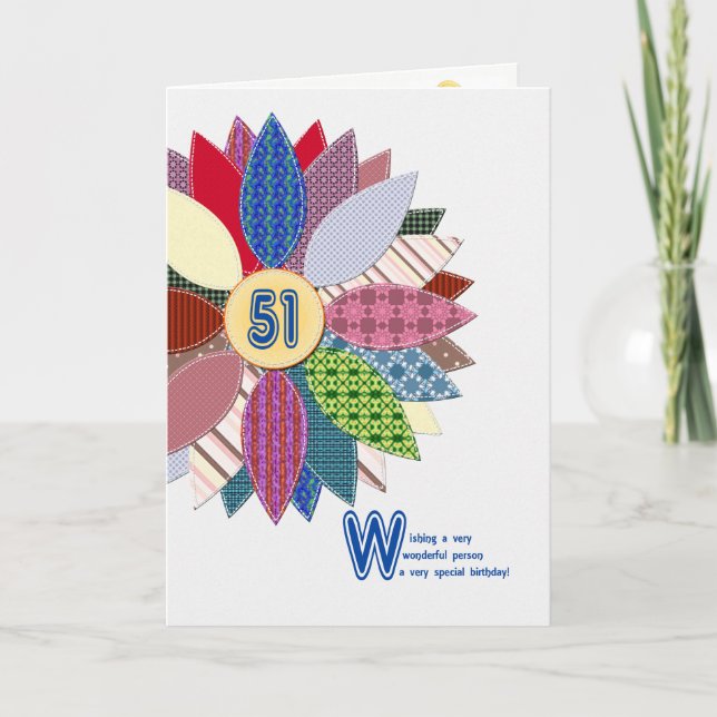 Carte 51 ans, anniversaire de fleur cousue (Devant)