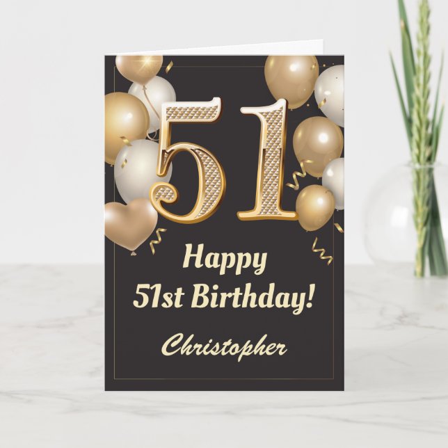 Carte 51e anniversaire Ballons Noir et Or Confetti (Devant)