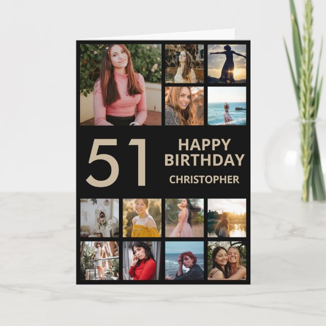 Carte 51e anniversaire Photo Collage 13 Photos Black & G (Devant)