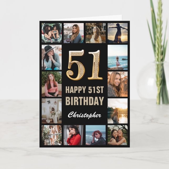 Carte 51e Joyeux Anniversaire Black and Gold Photo Colla (Devant)