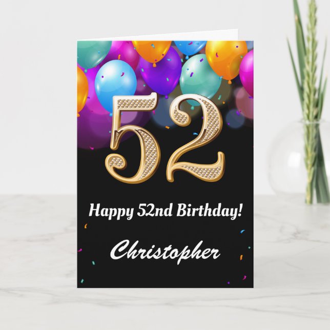 Carte 52e anniversaire Ballons noirs et dorés (Devant)
