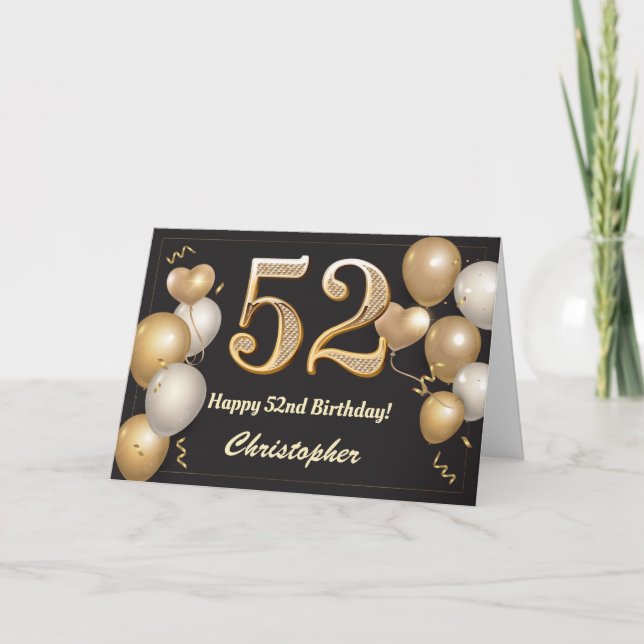 Carte 52e anniversaire Ballons noirs et or Anniversaire (Devant)
