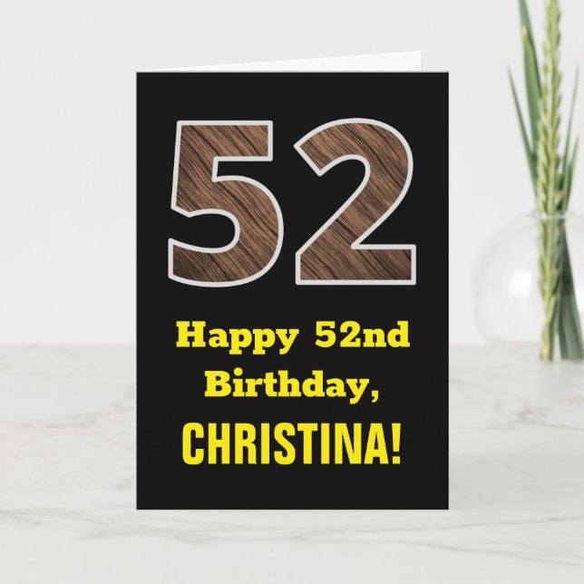 Carte 52e anniversaire : Nom, Motif Faux Wood Grain "52" (Devant)