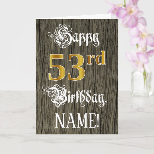 Carte 53e anniversaire : Faux Gold Look + Faux Wood Moti (Orchidée)