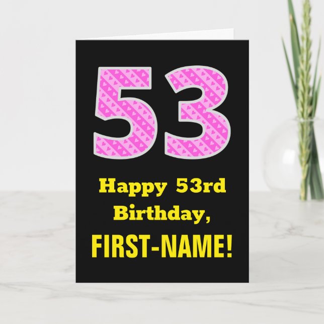 Carte 53e anniversaire : Pink Stripes and Hearts "53" +  (Devant)