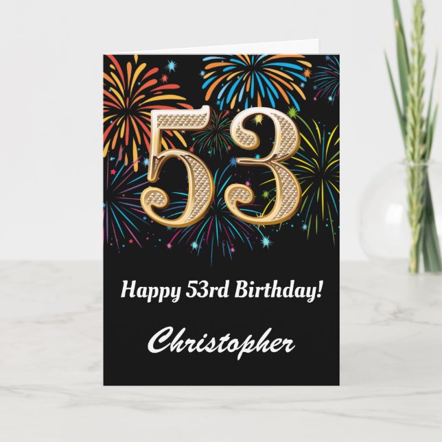Carte 53e anniversaire Rainbow Fireworks noir et or (Devant)