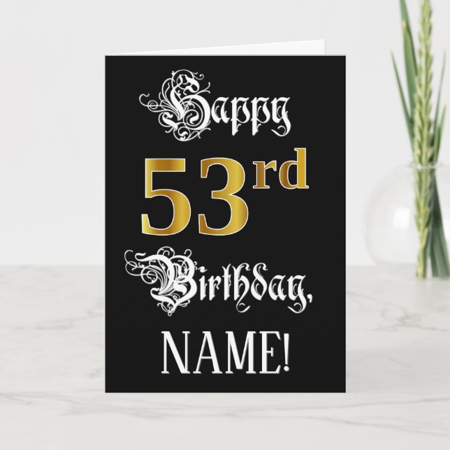 Carte 53e anniversaire — Script fantaisie; look or Faux; (Devant)