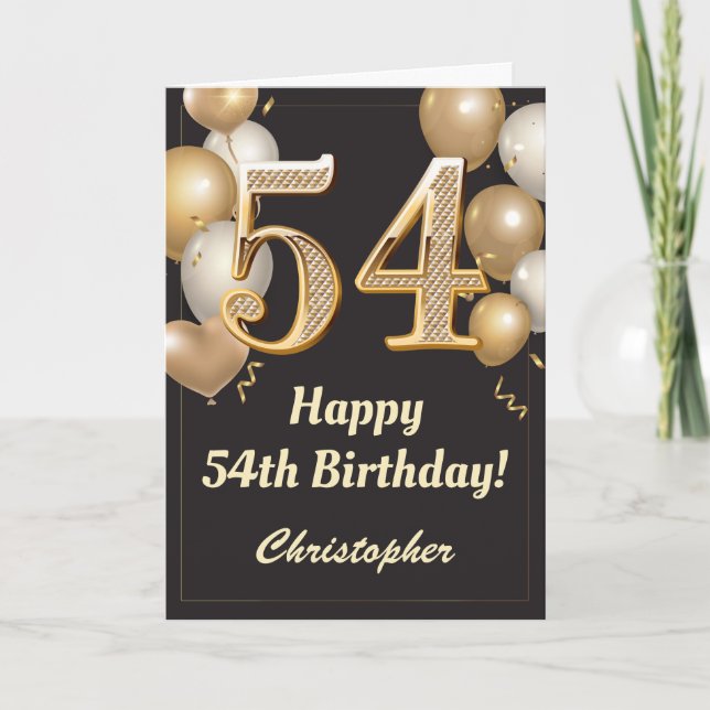 Carte 54e anniversaire Ballons Noir et Or Confetti (Devant)