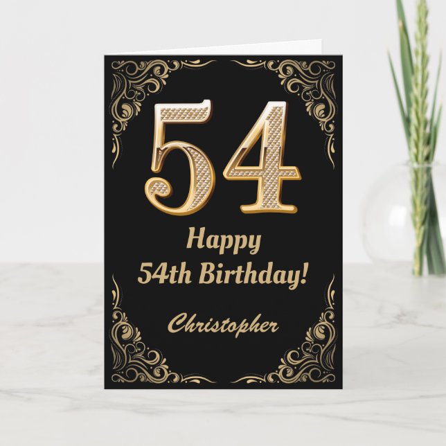 Carte 54e anniversaire Parties scintillant noir et or ca (Devant)