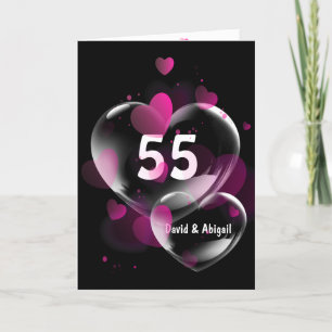 Carte 55e anniversaire Bubbles de coeur rose sur noir