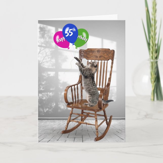 Carte 55e Anniversaire Chat Avec Ballons (Devant)